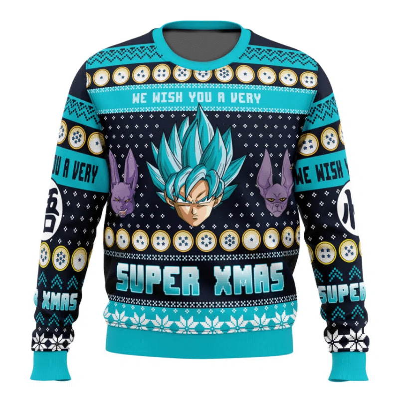 Pull Dragon Ball Goku Blue et Beerus Noël 1 Pull Dragon Ball Goku Blue et Beerus Noël, Pull Dragon Bleu